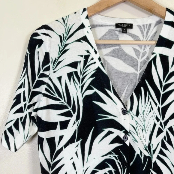 Talbots Tropical Leaf Fern Short Sleeve Button Sweater - Picture 9 of 16